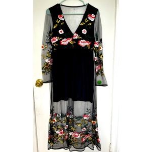 Black Long Dress, V-neck Embroiderer Fairy Floral Tulle, Backless